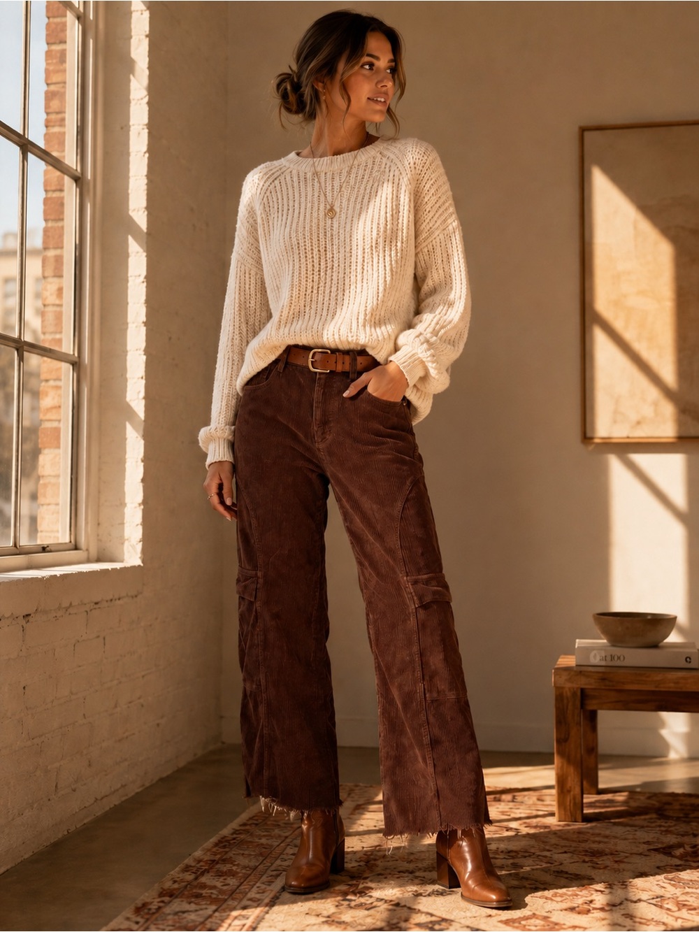 Forever 21 Brown Corduroy Cargo Pants Wide Leg Raw Hem Utility Small